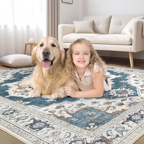 Micgeek 8x10 Washable Area Rug: Vintage Neutral Soft Non Slip Thin Large Floor Carpet for Living Room Bedroom Kitchen Dining Room Home Office Farmhouse Indoor - Blue - Thumbnail 6