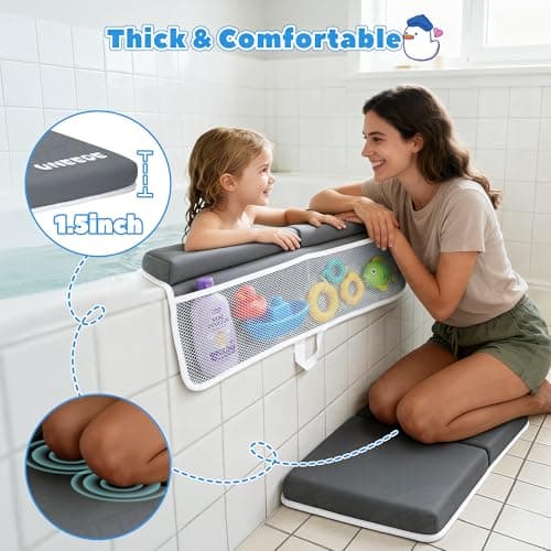 UNEEDE Baby Bath Kneeler and Elbow Rest Pad Set, 1.5” Thick Memory Foam Bath Kneeling Pad with Elbow Support, Bathtub Mat with Toy Organizer for Bathing Infant or Toddler, Grey - Thumbnail 2