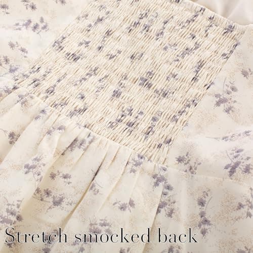 Belle Poque Flowy Smocked Back Sun Dress Midi Renaissance Cottagecore Dress Beige Purple Floral Dress for Women 2XL - Thumbnail 3