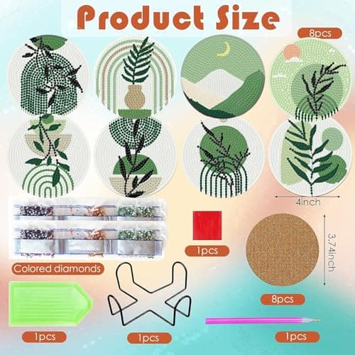 ijbnhd 8 Pcs Leaf Diamond Art Coasters Kit, Leaf Diamond Painting Coasters with Holder, Arts and Crafts Supplies Astral 4X4inch (Cork Wooden Pad) - Thumbnail 3