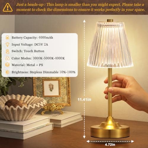 Gold Cordless Rechargeable Table Lamp, Touch Battery Powered Lamp, 3 Color Modes, Crystal Acrylic Lampshade, Portable Ambient Night Light for Desk, Bedroom, Living Room, Dining Room, Kitchen, Bar - Thumbnail 3