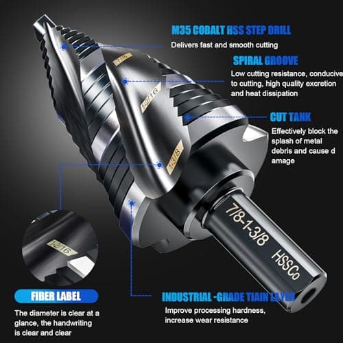M35 Four Spiral Flute Step Drill Bit Set 1/4" - 1-3/8" （19 Sizes, 1/4" Hex Shank Unibit Step Drill bit, Impact Resistant M35 Cobalt Step Drill Bit, for Stainless Steel, Wood, Aluminum, Plastic - Thumbnail 4