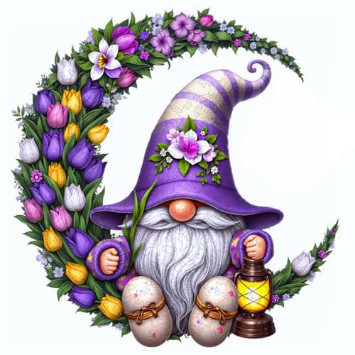 Wooden Puzzle for Adults, Fantasy Floral Moon Gnome Jigsaw Puzzles 300 Piece, 5MM Unique Shape Wooden Jigsaw Puzzle Adults, Challenging Gnome Puzzles for Family Game Night Wall Art Decor 15 * 14.4in