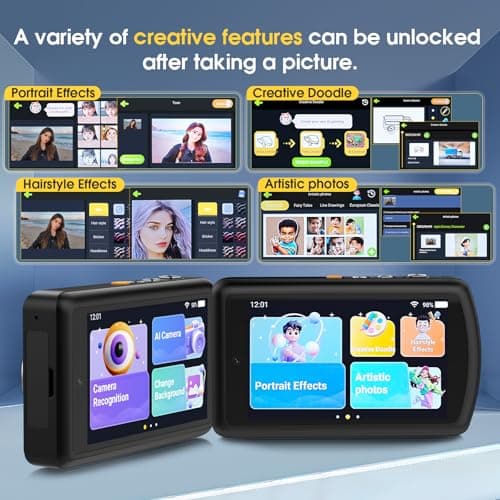 AI Digital Camera, Autofocus AI Camera Front and Rear Compact Digital Cameras for Photography with WiFi,Object Recognition, 3.6'' Touch Screen,Smart Digital Camera for Kids Boys Girls (Black) - Thumbnail 3