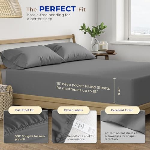 THREAD SPREAD Luxury Egyptian Cotton Sheets Twin XL Size - 600 Series Bliss Collection Twin XL Set Deep Pockets (3 PC, Dark Grey), Extra Soft, Cooling Extra Long Staple College Dorm Bedding - Thumbnail 4