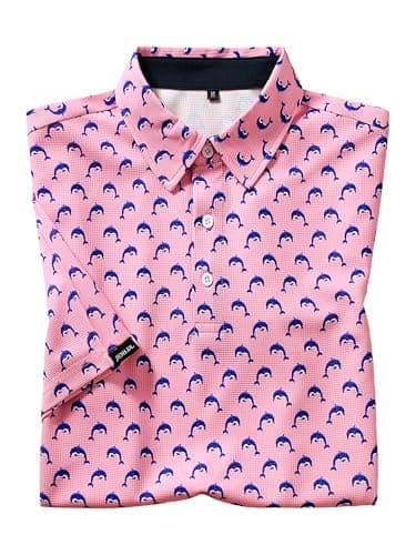 JEMLDL Golf Polo Shirts for Men Dry Fit Summer Short Sleeve Performance Moisture Wicking Casual Printed Collared Polo Shirt Pink Dolphin Ocean XL - Thumbnail 3