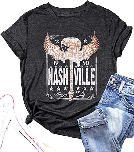 Womens Nashville Shirts Country Music Concert Tshirts Vintage Graphic Short Sleeve Tees for Women Black S - Thumbnail 4