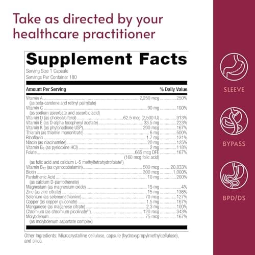 Bariatric Advantage High ADEK Multi - for Bariatric Surgery Patients - Multivitamin with Vitamins A, D, E, K & Trace Minerals - 100%+ DV of ADEK - 180 Capsules - Thumbnail 4