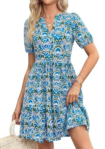 PRETTYGARDEN Womens Summer Floral Boho Dresses 2026 Casual V Neck Puff Sleeve A Line Flowy Beach Vacation Short Dress (Floral Blue Green,S) - Image 1