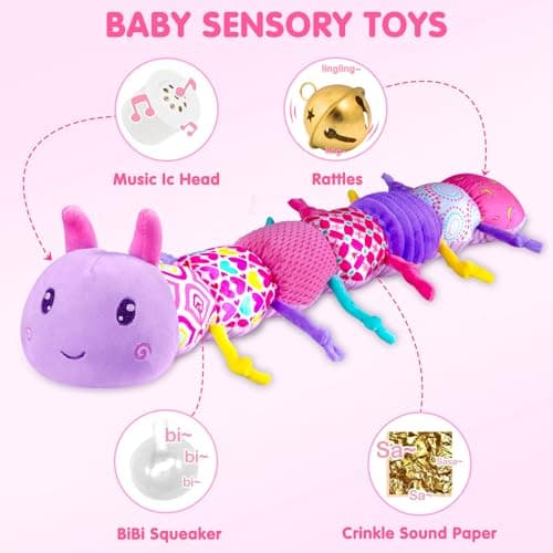 Baby Infant Musical Stuffed Animal Soft Toy with Multi-Sensory Crinkle, Rattle & Textures,Baby Girl Toy Birthday Gift for 0 3 6 9 12 Months+,Caterpillar,Purple - Thumbnail 3