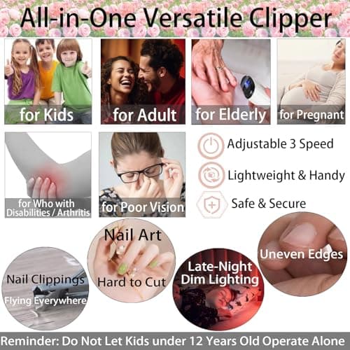 Bstsilver Electric Nail Clipper & Polisher w/Light, Automatic Fingernail Kids Trimmer w/Clip Storage, Rechargeable Filer Adjustable 3 Mode, 2 in 1 Manicure Care File Cutter for Caregiver Women Men - Thumbnail 3