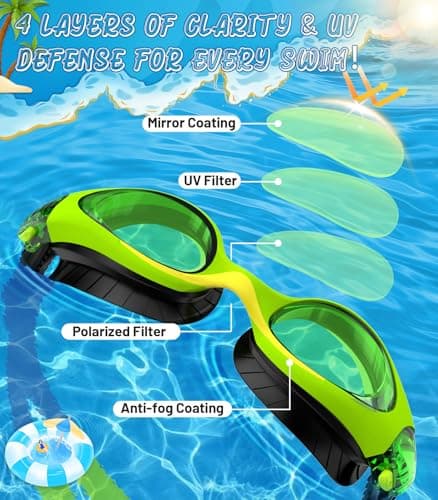 HIGAHY Swim Goggles for Kids 6-14, Anti-Fog UV Protection Clear Swimming Goggles, Leakproof Pool Swim Goggles for Boys Girls (Blackgreen - Green Lens) - Thumbnail 2