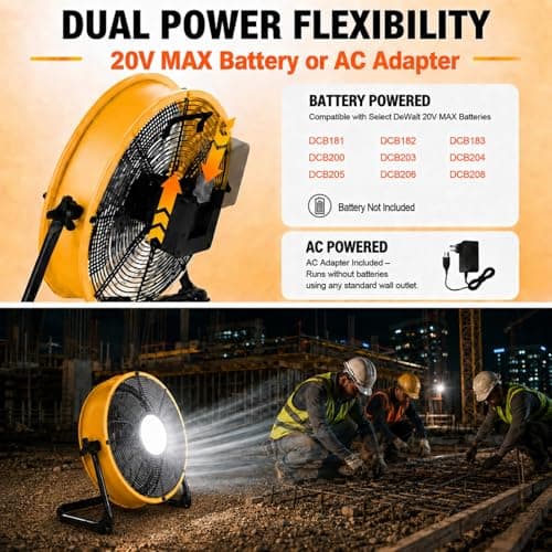 T-SUN 16'' Cordless Battery Powered Fan Compatible with Dewalt 18V/20V Battery, Portable Floor Fan with LED Light, USB Type C Port, Stepless Speeds, Industrial Fan for Garage Patio Warehouse Camping - Thumbnail 2
