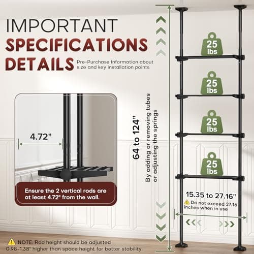 Goovilla Over The Toilet Storage Shelf, 4 Tier Bathroom Organizer Shelves with 64-124inch(H) 15-27inch(W) Adjustable No Drilling Tension Mounting, Black Space Saver Bathroom Shelf Rack Above Toilet - Thumbnail 2