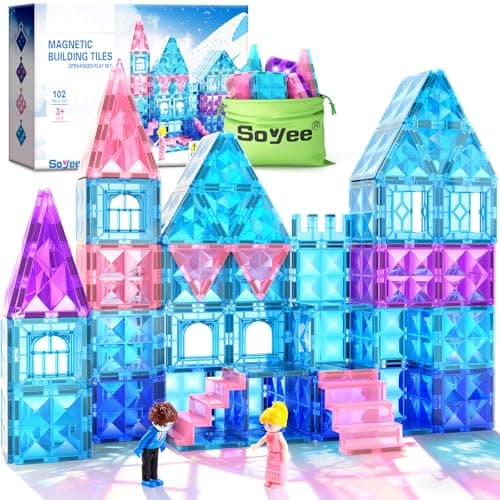 Magnetic Tiles 102pcs with 2 Stairs 2 Dolls Princess Castle Building Girls Toys Age 4-5 6-8 Magnetic Blocks Birthday Xmas Gifts for Girls Toys for 3 4 5 6 7 8+ Year Old