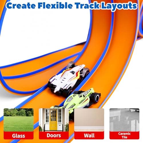 FUTESI Flexible Race Car Track for Kids 15 Ft Flex Tracks Starter Set Compatible with Diecast 1/64th Cars Portable Rolls Up Race Tracks with Strong Suction Cups Birthday Gifts for Boys Girls Ages 3+ - Thumbnail 5