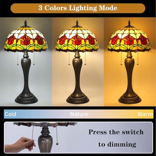 FILIUTF Stained Glass Table Lamp, Red Tulips Style Lampshade Reading Light 12X12X22 Inches, Adjustable 3 Color Temperature Decor for Bedroom Living Room - Thumbnail 4
