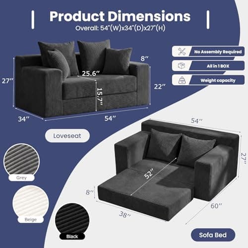 3-in-1 Convertible Sofa Bed: Boneless Loveseat Sleeper & Folding Couch Bed with 4 Pillows & Detachable Cushion for Bedroom, Small Space, Guest and Living Room, Corduroy Futon, No Assembly,Black - Thumbnail 2