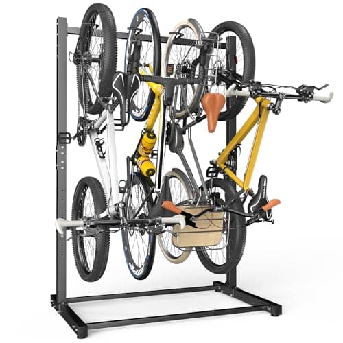 organizelink Freestanding Bike Rack for Garage, 4 Bike Storage Stand with Wobble-Free Base, Heavy Duty Vertical Bicycle Hanger with Adjustable Hook Height
