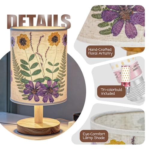 Xmpmrb Artisan Crafted Floral Pressed Nightstand Lamp - Handmade Vintage Table Light with Adjustable Warm Glow for Bedroom, Office, or Living Room Decor (Purple) - Thumbnail 3