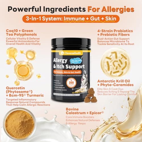 CleverasHealth Dog Allergy Relief Chews 200ct Relieve Seasonal Allergies and Skin Itching Alleviate Licking Behavior Boosting Immunity and Hair Protection - Chicken - Thumbnail 3