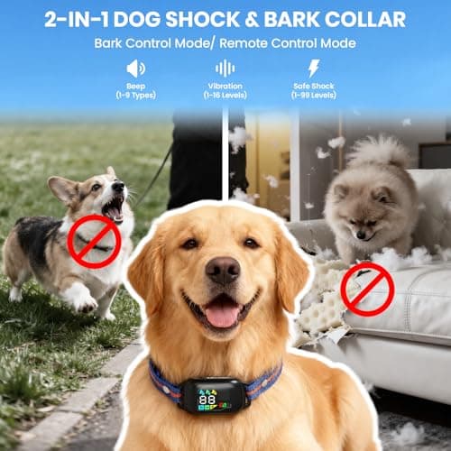 2-in-1 Dog Shock Collar and Bark Collar with Remote Control, Dog Training Collar Remote 3300FT, IPX7 Waterproof, Dog Shock Collar for Large Medium Small Size Dog, Dog Bark Collar with Flashing Light - Thumbnail 2