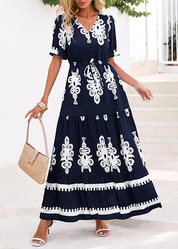 Lazysmile Summer Dresses for Women Short Sleeve V Neck Floral Drawstring Flowy A Line Boho Maxi Dress with Pockets Navy - Thumbnail 4