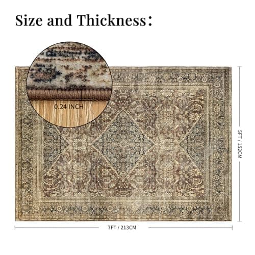 Ruicharm Washable 5x7 Area Rug: Vintage Brown Rugs for Living Room Bedroom Dining Room Office Indoor - Soft Non-Slip Large Carpet Home Decor - Oriental Dark Brown - Thumbnail 2