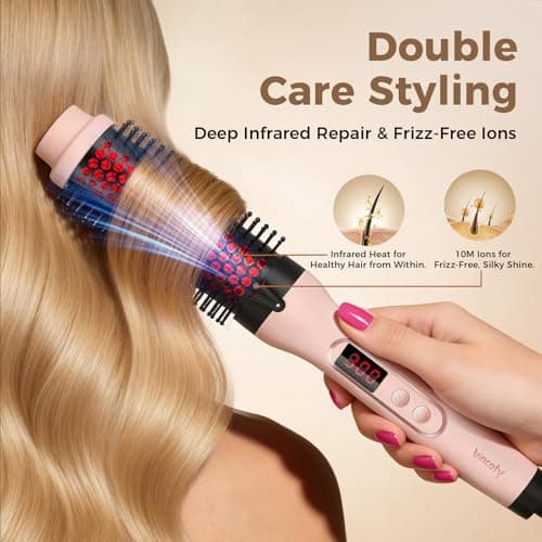 Infrared Thermal Brush, Dual Voltage Negative Ions Heated Round Brush, 1 1/2 Inch Straightener & Curling Iron Brush 2 in 1, Dual PTC Non-Blowing Thermal Round for Wome, Pink - Thumbnail 2