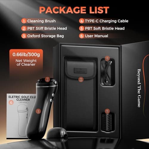 Electric Golf Club Brush Cleaner: 1030 RPM 360° Auto-Rotating Brush with 3-Stream Water Spray, 2 Speeds, 2 Brush Heads, 3.38 Oz Water Tank, Type-C 2000mAh Battery, Storage Bag - Golf Accessories Gift - Thumbnail 2