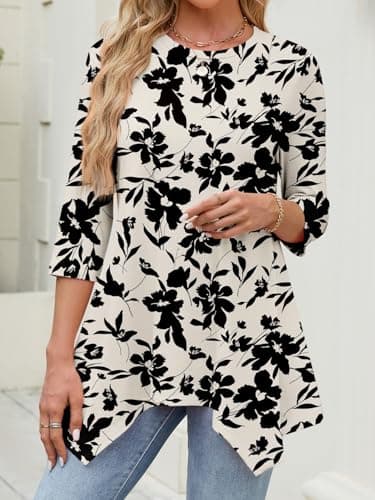 JUSTFASHIONNOW Floral Tunic Tops for Women Plus Size Dressy Casual 3/4 Length Sleeve Womens Blouses Maternity Shirts Asymmetrical Hem Ladies Outfits（Apricot，XX-Large - Thumbnail 5