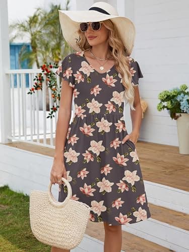 Heymoments Women Summer Dress Ruffle Sleeve Rosybrown Hibiscus XX-Large V Neck Casual Cute Loose Sundress Comfy Swing Midi Work Flowy Tunic Ladies Beach Vacation Teacher Dresses with Pockets - Thumbnail 2