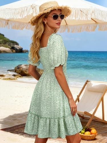 Berydress Womens Summer Dresses 2026 Vacation Square Neck Short Sleeve Sundress Flowy Bohemian Floral Smocked Dress with Pockets(M,6295-Green Flo) - Thumbnail 2