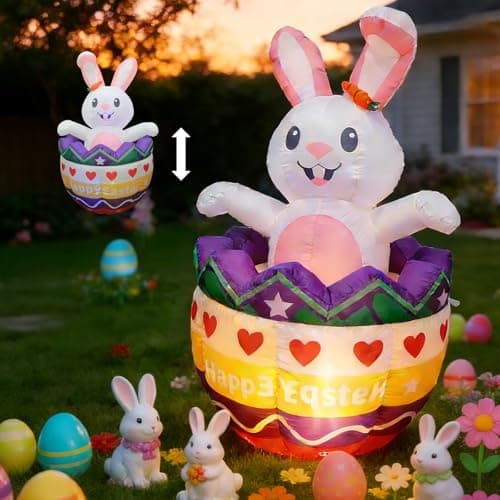 6FT Easter Inflatables Outdoor Decorations with Rotating Colorful Led Lights Inside Eggs,Up And Down Giant Inflatable Waterproof Bunny Blow Up Yard Decor Lawn Patio Lawn Party & Spring Holiday Display - Image 1
