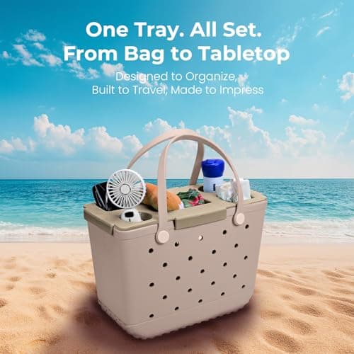 ZYTONGMAO Tote Topper Tray Accessories for Bogg Bag Large Only – Waterproof EVA Table Top Organizer Lid with Cup Holder, Snack, Phone & Drink Holders for Beach, Pool, Picnic, Travel (Khaki) - Thumbnail 5