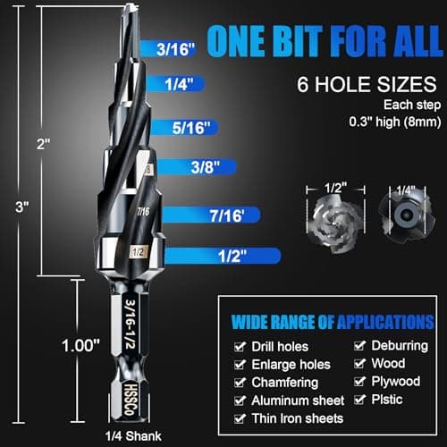 Four Spiral Flute M35 Step Drill Bit Set 3/16"-1/2"(6 Sizes), 1/4" Shank for Metal Step Drill bit, Impact Resistant Cobalt Step Drill Bit, for Stainless Steel, Wood, Aluminum, Plastic - Thumbnail 4