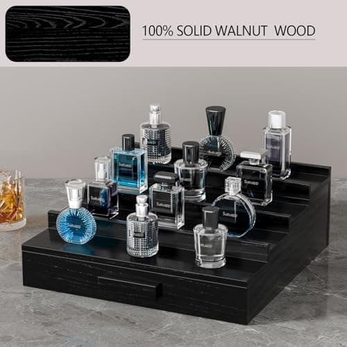 Sueuapp Walnut Wood Cologne Organizer for Men,4 Tier Cologne Stand,Perfume Stand Organizer,Cologne Shelf Display Holder with Hidden Storage and Drawer,Great Gift for Men,Black - Thumbnail 5