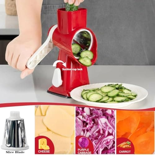 YOUCZON Rotary Cheese Grater Multi-Purpose Stainless Steel Cheese Shredder - Cheese Grater With Handle Effortless Grating of Carrots, Potatoes, Vegetables, and Fruits (Red) - Thumbnail 2