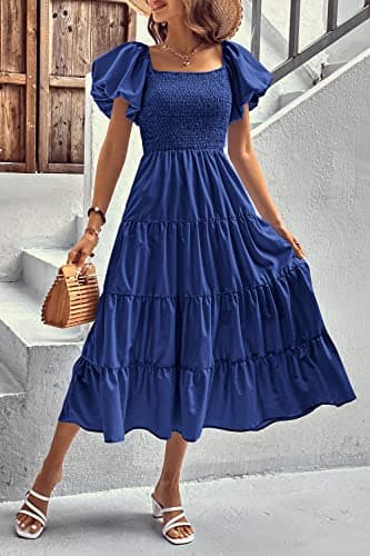 PRETTYGARDEN Women's Casual Summer Midi Dress Puffy Short Sleeve Square Neck Smocked Tiered Ruffle Dresses (Blue,X-Large) - Thumbnail 4