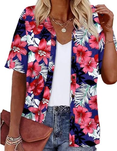 LILYCHIC Womens Hawaiian Shirts Button Down Short Sleeve Casual Floral Tropical Summer Beach Cool Button Up Tops Blue 3XL - Image 1