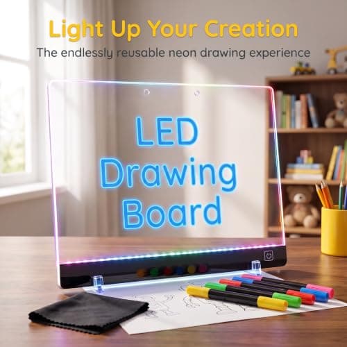 Led Drawing Board for Kids Doodle Board & Adults Message Board w 7 Dry Erase Markers Home Office Supplies and Back to School Supplies,6 Led Lights, Writing, Drawing Tablet & Tracing Paper - Thumbnail 2