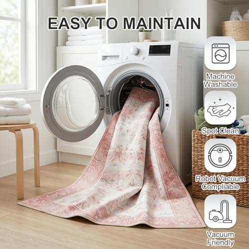 Cnythlis Washable Distressed Area Rug 2'x3' - Non-Slip Silicone Backing Door Mat for Entryway Bathroom - 0.26" Low Pile Water Resistant Faux Wool Rug for Vintage Farmhouse Accent, Pink & White - Thumbnail 5