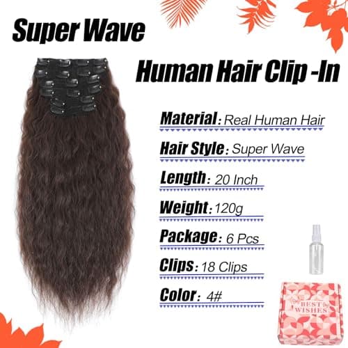 Clip in Hair Extensions Real Human Hair 120g 6pcs Deep Water Wave Curly Human Hair Extensions Double Weft Super Wave Clip ins for Women (4#, 20 Inch) - Thumbnail 2