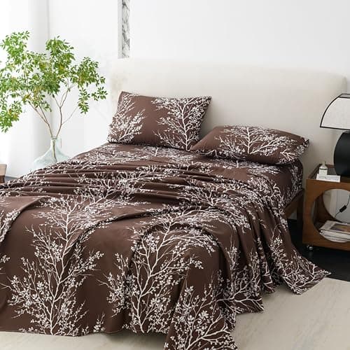 Spirit Linen home Queen Size Bed Sheets - Pure Microfiber 4 Piece Polyester Bed Sheets, Fitted Sheet & Pillow Cases - Queen Sheets for All Seasons (Foliage Chocolate/White, Queen)