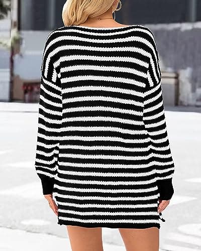 KIRUNDO Women's 2026 Fall Winter Oversized Long Sleeve Striped Sweater Casual Crewneck Side Split Pullover Knit Tops(Black, Small) - Thumbnail 5