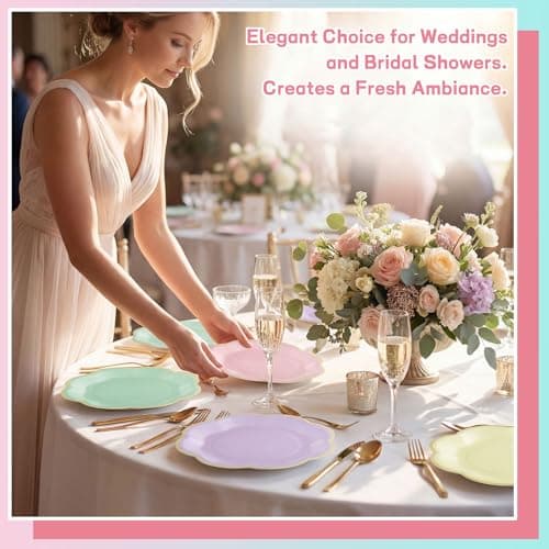 NatNarr 60 Pcs Pastel Paper Plates, 7 Inch Pastel Plates with Gold Edge Scalloped Party Plate Disposable Easter Dessert Plate for Wedding Birthday Baby Shower Bridal Party Supplies - Thumbnail 5
