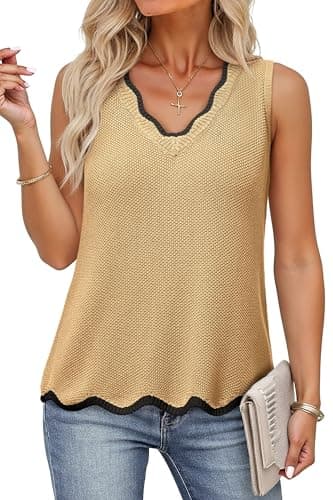 Dokotoo Womens Summer Tops Casual Tank Top for Women Fashion V Neck Sleeveless Color Block Ruffled Hem Knit Lightweight Sweater Vest Apricot XX-Large - Image 1
