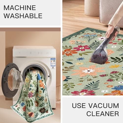 Washable Area Rug, Floral Rug, Large Carpet for Living Room & Bedroom, 9'x 12',Grass Green - Thumbnail 6
