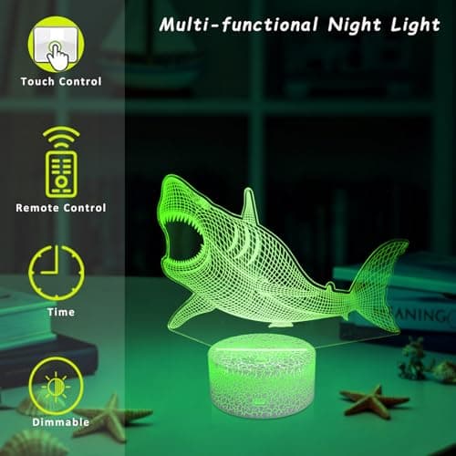 YODAFOOR Shark Gifts for Shark Lover, 3D Nursery Night Light Lamp, Multi Color Change Timer Dimmalbe Remote Control, Bedroom Megalodon Theme Decor, Birthday Gift for Boy Girl Kids Teens Women Men - Thumbnail 2