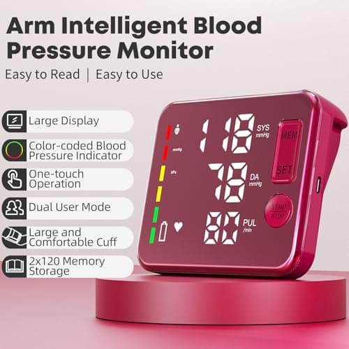 GUAEVER Blood Pressure Monitor Rechargeable Upper Arm Blood Pressure Monitors for Home Use Large Screen Bp Machine with 8.7"-16.5" Bp Cuff, 2x120 Memory, Voice Broadcast Bp Monitor(Red) - Thumbnail 2